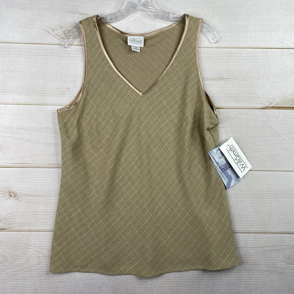 Willi Smith Top Womens 16 Tan Gold Satin Trim Stripe Knit V Neck USA Y2K 90s NWT